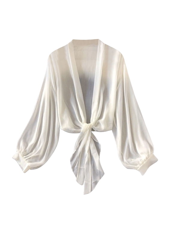 Women's Flowy Chiffon Cardigans Fashion Casual Long Sleeve Bolero Sheer Shrugs Summer Lightweight Breathable Tie Front Cropped Shawl Tops for Women
