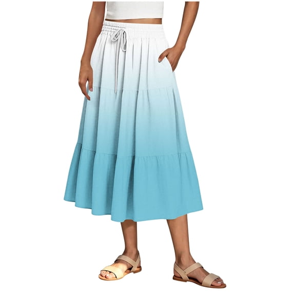 Ohufall Women's Flowy Midi Skirts Summer Gradient Printed A-Line Ruffle Swing Long Skirt Fashion Casual Pleated Drawstring Elastic High Waist Skirt