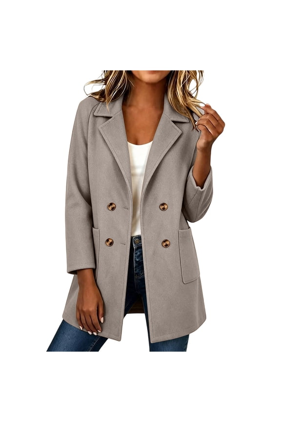 Women's Jacket Solid Color Wool Mid Coat Turndown Collar Button Cold Layering Jacket