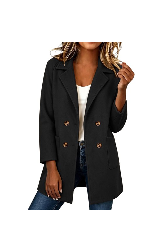 Women's Jacket Solid Color Wool Mid Coat Turndown Collar Button Cold Layering Jacket