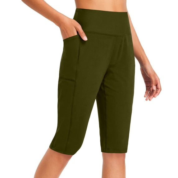 Ohufall Women's Knee Length Yoga Leggings High Waisted Capris Summer Workout Running Gym Biker Shorts with Pockets