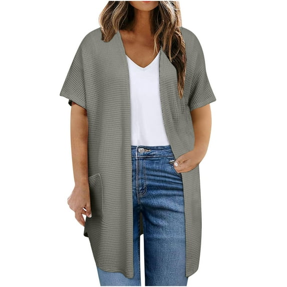 Ohufall Women's Long Cardigan Sweaters Summer Loose Comfy Open Front Bolero Shrugs Solid Color Casual Short Sleeve Cardigans with Pockets