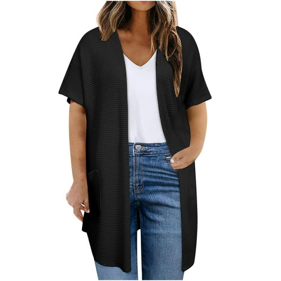 Ohufall Women's Long Cardigan Sweaters Summer Loose Comfy Open Front Bolero Shrugs Solid Color Casual Short Sleeve Cardigans with Pockets