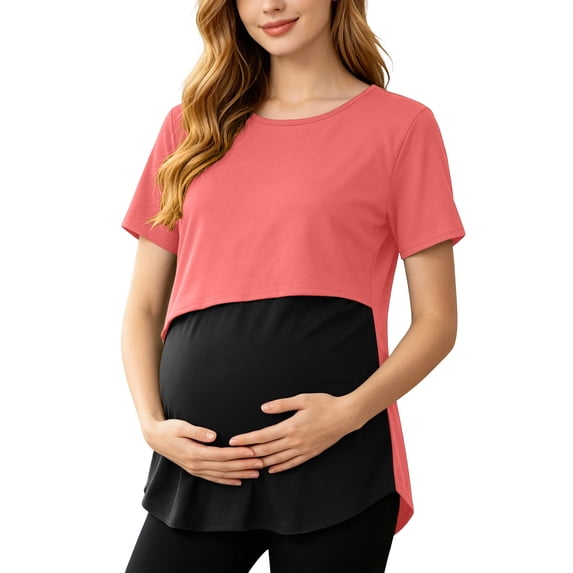 Ohufall Women's Maternity T Shirts Breastfeeding Breathable Short Sleeve T-shirts Comfortable Color Block Nursing Tops