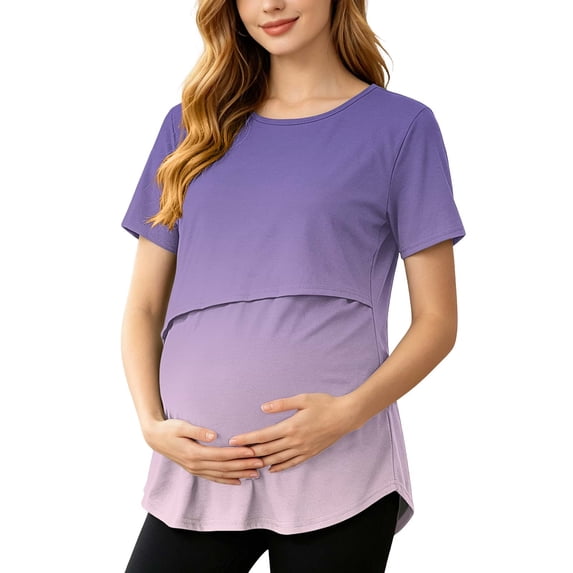 Ohufall Women's Maternity T Shirts Breastfeeding Breathable Short Sleeve T-shirts Comfortable Gradient Color Nursing Tops