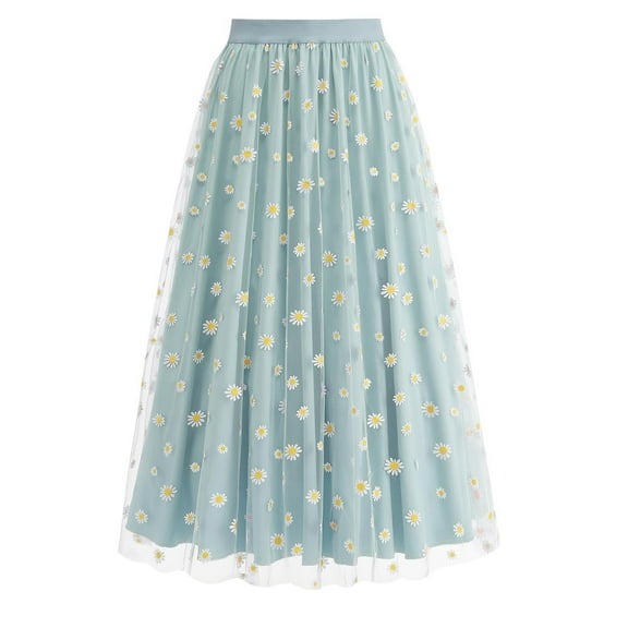 Ohufall Women's Maxi Skirts Fashion Casual Mesh Daisy Printed A-Line Swing Long Skirt Flowy Pleated Elastic High Waist Midi Skirts for Women
