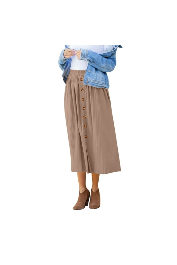Women's Midi Skirts Fashion Solid Pleated Elastic High Waist Long Skirt Summer Casual Loose Fit Button Down Skirts for Women
