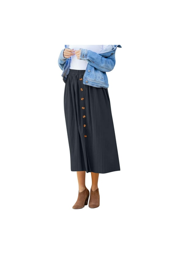 Women's Midi Skirts Fashion Solid Pleated Elastic High Waist Long Skirt Summer Casual Loose Fit Button Down Skirts for Women