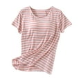 thumbnail image 1 of Ohufall Women's Modal Pj T-shirts with Built in Bra Fashion Stripe Printed Short Sleeve Round Neck Pajama Tops Summer Loose Comfy Home Sleepwear Tees for Women, 1 of 8