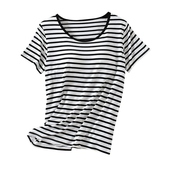 Ohufall Women's Modal Pj T-shirts with Built in Bra Fashion Stripe Printed Short Sleeve Round Neck Pajama Tops Summer Loose Comfy Home Sleepwear Tees for Women