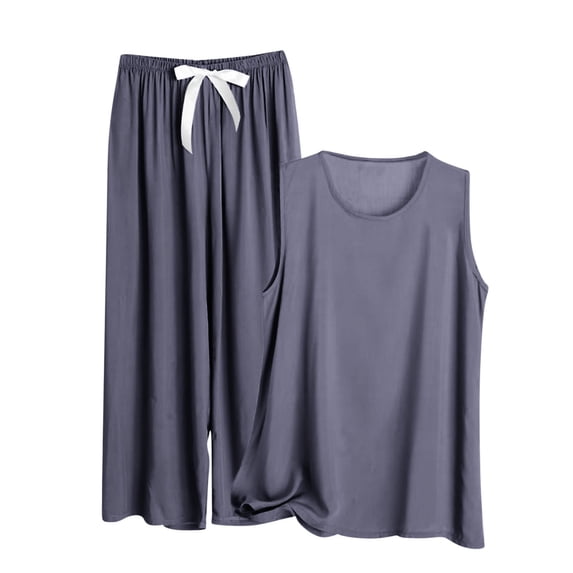 Ohufall Women's Oversize Pajama Sets 2 Piece Summer Solid Sleeveless Crew Neck Tank Tops with Drawstring Pants Light Loose Fit Lounge Sets for Women