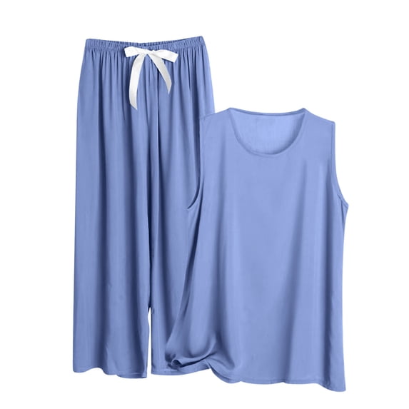 Ohufall Women's Oversize Pajama Sets 2 Piece Summer Solid Sleeveless Crew Neck Tank Tops with Drawstring Pants Light Loose Fit Lounge Sets for Women