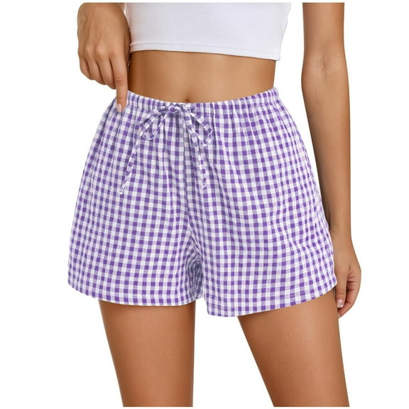 Ohufall Women's Pajama Shorts Cute Plaid Printed Elastic High Waist Drawstring Sleepwear Summer Loose Comfy Home Lounge Pj Bottoms for Women