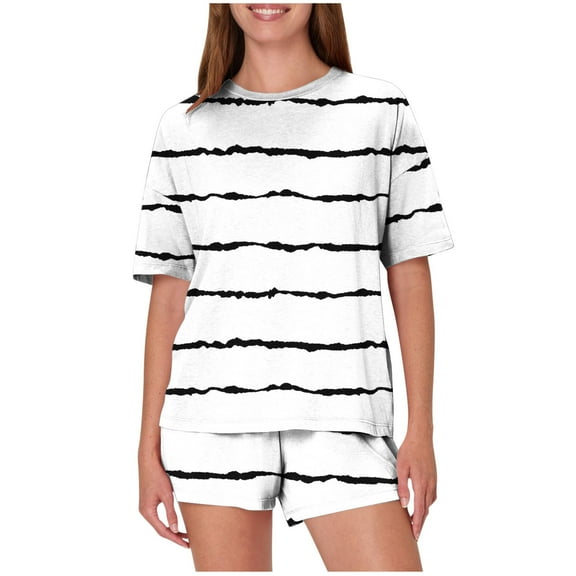 Ohufall Women's Pajamas Set Fashionable Short Sleeve Crew Neck Shirts and Lounge Shorts 2 Piece Pjs Sets Summer Soft Loose Fit Sleepwear for Women