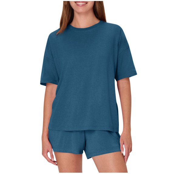 Ohufall Women's Pajamas Set Fashionable Short Sleeve Crew Neck Shirts and Lounge Shorts 2 Piece Pjs Sets Summer Soft Loose Fit Sleepwear for Women