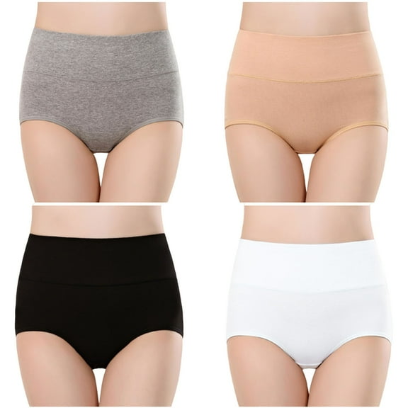 Ohufall Women's Plus Size Seamless Brief Underwear Soft Breathable Cotton Brief Sexy Solid Color High Waist Full Coverage Panties, 4-Pack
