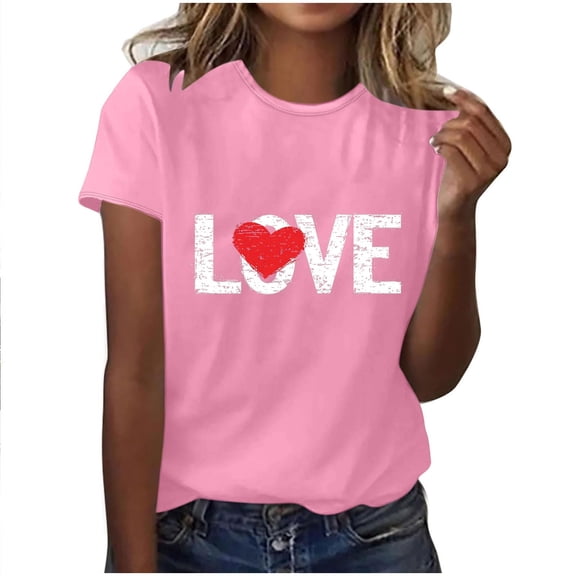 Ohufall Women's Plus Size Tops Fashion Women Valentine's Day Print Short Sleeve T-shirt Novelty Graphic Tops