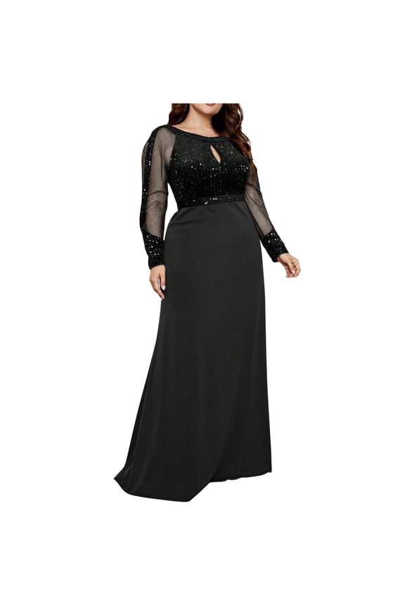 Women's Prom Dresses Fashion Round Neck Mesh Long Sleeve Floor Length Ball Gown Dresses Elegant Sequins Formal Evening Party Gown for Women