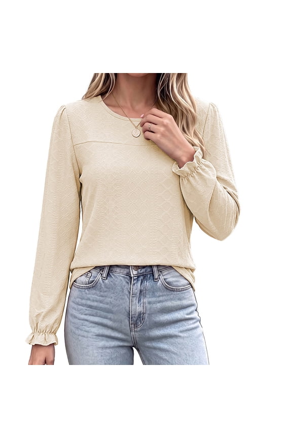 Women's Ruffle Bubble Sleeve Crew Neck Top, Textured Solid Long Sleeve Loose Casual Top
