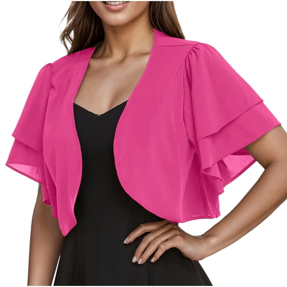 Ohufall Women's Ruffle Short Sleeve Cardigan Tops Fashion Solid Casual Chiffon Cropped Cardigans Summer Light Breathable Open Front Bolero Sheer Shrugs