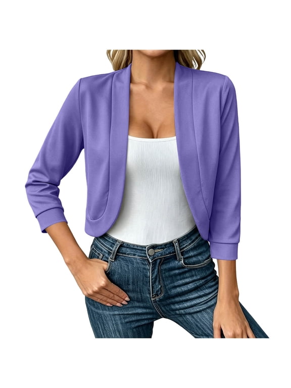 Women's Short Cardigan 3/4 Sleeve Open Front Lightweight Casual Jacket Solid Color Outwear Fall Cropped Jacket