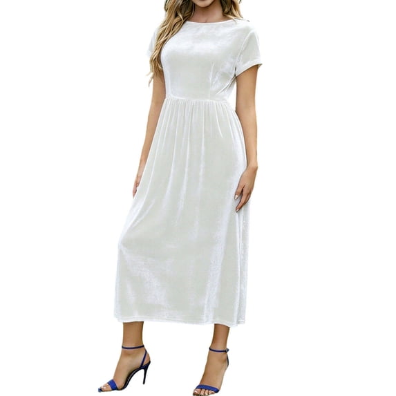 Ohufall Women's Short Sleeve Dresses Crew Neck Casual Pleated Long Dress Solid Velvet Back Zip Dresses