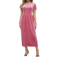 thumbnail image 1 of Ohufall Women's Short Sleeve Dresses Crew Neck Casual Pleated Long Dress Solid Velvet Back Zip Dresses, 1 of 5