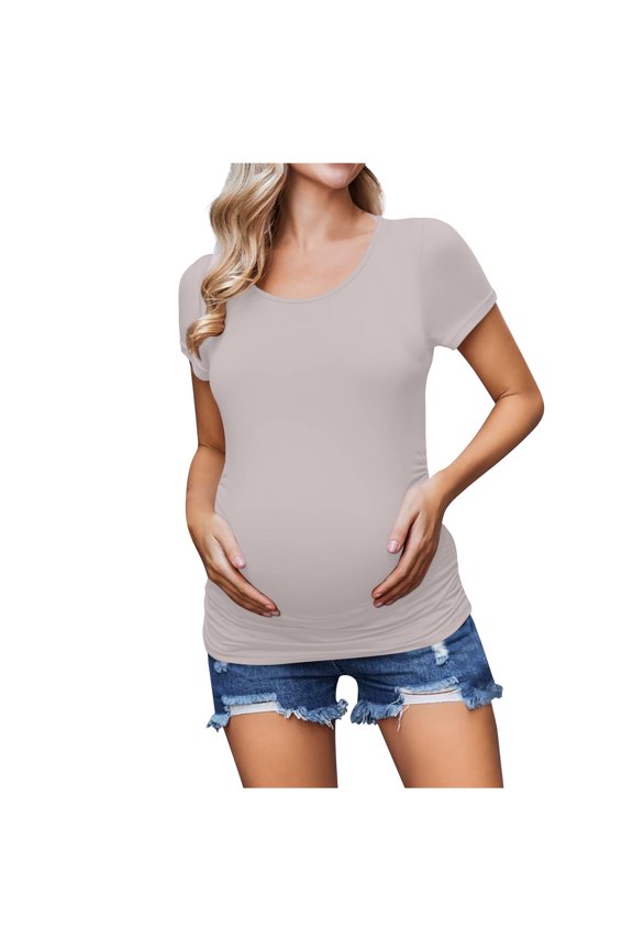 Women's Short Sleeve Maternity Shirts Summer Solid Color Casual Round Neck Nursing Tee Tops Loose Fit Comfortable Pregnancy T-shirts for Women