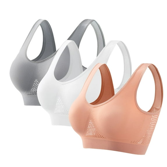 Ohufall Women's Sports Yoga Bras Fashion Solid High Impact Support Athletic Running Tank Bra Plus Size Stretch Breathable Wirefree Full Coverage Gym Workout Bra with Removable Pads, 3-Pack