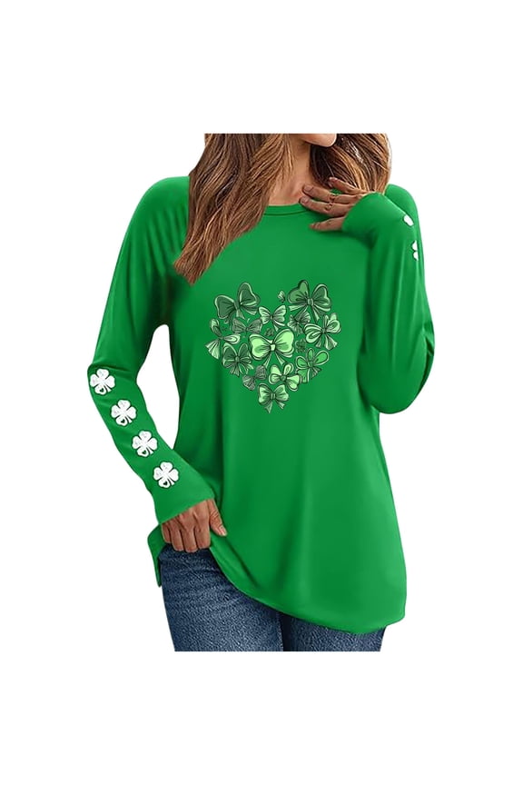 Women's St Patrick's Day T-Shirt Lucky Irish Long Sleeve Shamrock Graphic Tees Tops