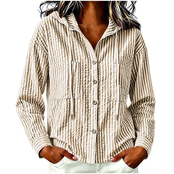Ohufall Women's Striped Hooded Sun Shirt, Drawstring Hood Button Front Seersucker Long Sleeve Cover Up Jacket