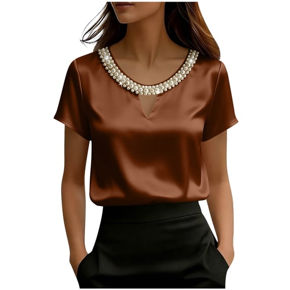 Ohufall Women's T-shirt Satin Pearl Crew Neck Soft T Shirts Short Sleeve Comfy Summer Fashion Tshirt