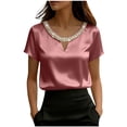 thumbnail image 1 of Ohufall Women's T-shirt Satin Pearl Crew Neck Soft T Shirts Short Sleeve Comfy Summer Fashion Tshirt, 1 of 5