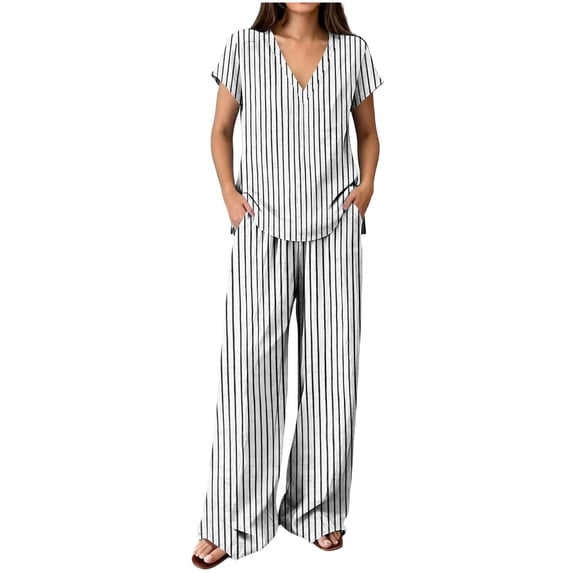 Ohufall Women's Two Pieces Sets V Neck Short Sleeve Loose Tops + Wide Leg Pocket Lounge Pants Striped Sets