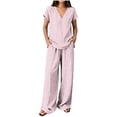 thumbnail image 1 of Ohufall Women's Two Pieces Sets V Neck Short Sleeve Loose Tops + Wide Leg Pocket Lounge Pants Striped Sets, 1 of 5