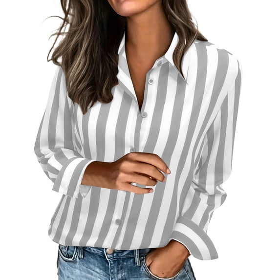 Ohufall Women's Vertical Striped Button Down Shirt, Lapel Collar Long Sleeve Loose Casual Office Tops