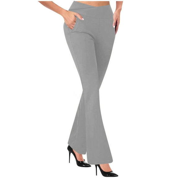 Ohufall Women's Wide Leg Pants Fashion Slim Fit Flared Trousers Solid Casual Dress Pants with Pockets Elastic High Waist Business Pants for Women