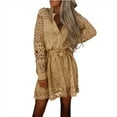 thumbnail image 1 of Ohufall Womens Button Front Dresses Trendy Hollowed Out Lace Belted Dress Casual Long Sleeve Loose Dresses, 1 of 6