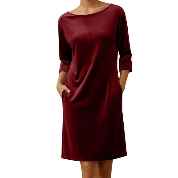 Ohufall Womens Casual Dresses with Pockets 3/4 Sleeve Knee Length Dresses Solid Loose Cozy Dresses