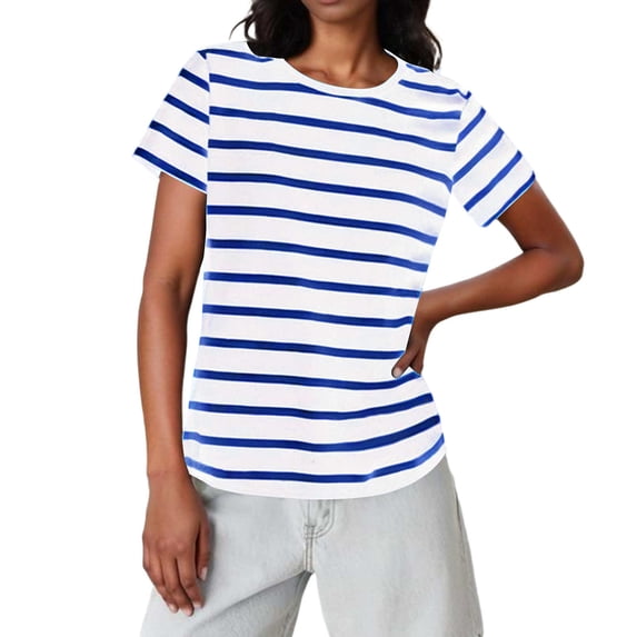 Ohufall Womens Casual Pullover T-shirts Lightweight Stripes Crew Neck Tops Comfortable Short Sleeve Basic Tees