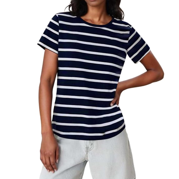 Ohufall Womens Casual Pullover T-shirts Lightweight Stripes Crew Neck Tops Comfortable Short Sleeve Basic Tees