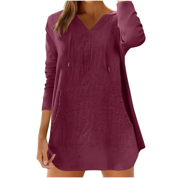 Ohufall Womens Cotton Linen Hoodie Shirts Lightweight Loose V-Neck Hoodies Fashion Solid Color Casual Long Sleeve Blouses for Women