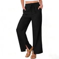 thumbnail image 1 of Ohufall Womens Cotton Linen Pants Solid Color Lightweight Summer With Pockets Pants Drawstring Loose Fit Wide-Leg Trousers, 1 of 7