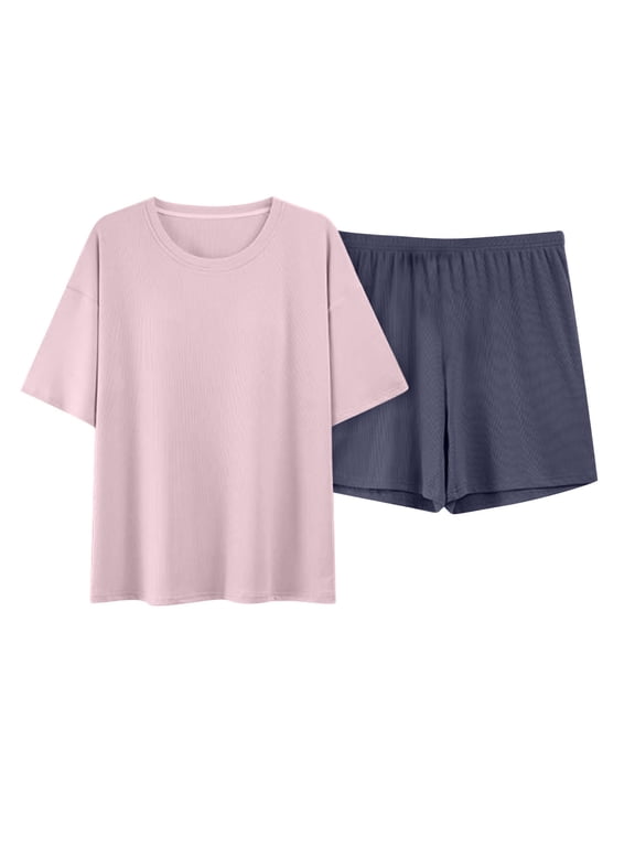Womens Cotton Pajama Sets 2 Piece Summer Solid Colod Crew Neck Short Sleeve Shirt with Drawstring Short Pj Sets Loose Comfy Loungewear with Chest Pads for Students