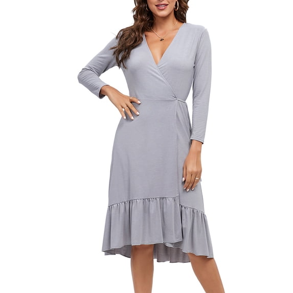 Ohufall Womens Deep V-Neck Dresses Long Sleeve Tummy Control Tie Dresses Flowy Ruffled Hem Solid Dress