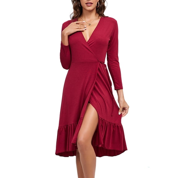 Ohufall Womens Deep V-Neck Dresses Long Sleeve Tummy Control Tie Dresses Flowy Ruffled Hem Solid Dress
