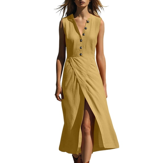 Ohufall Womens Dress Cotton Linen Sleeveless V Neck Maxi Dress Button Split Flowy Fashion Summer Sundress