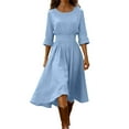 thumbnail image 1 of Ohufall Womens Dress Crewneck 3/4 Sleeve Midi Dresses Cotton Linen Pleated Flowy A-Line Dress, 1 of 5