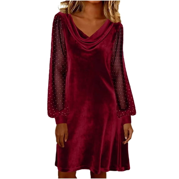 Ohufall Womens Dresses Velvet Patchwork Long Sleeve Plus Size Dresses Dot Print Cowl Neck Casual Dresses