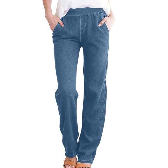 Ohufall Womens Elastic Waist Casual Pants Solid Color Trousers Plus Size Straight Leg Slacks with Pockets